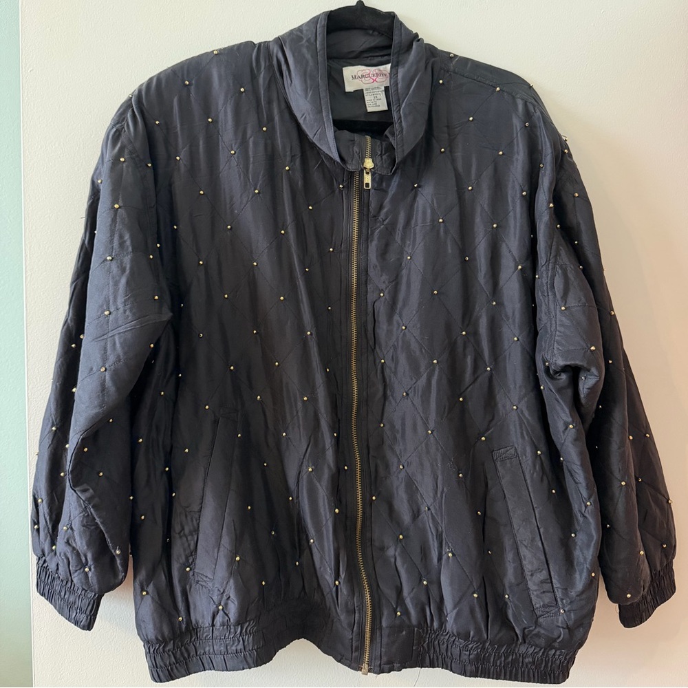 Vintage Silk Black Quilted Bomber Jacket with Gold Bead Accents